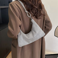Women's Solid-Color Shiny Faux Rhinestone Zipper-Knotted Shoulder Bag