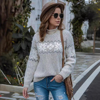 Embroidered Jacquard Pullover Loose Bottoming Shirt Mock Neck Sweater Coat