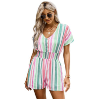 Summer New Striped Loose Short Sleeve Slim Women Jumpsuit