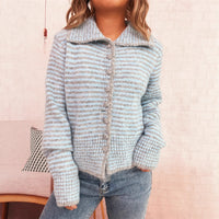 Commute Slim-fit Knitted Coat Polo Collar Stripes Contrast Color Single-breasted Sweater