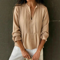 Casual Solid-color V-neck Long-sleeve Striped Cotton-linen Top