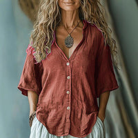 Women's Five-quarter-sleeve Single-breasted Linen Shirt
