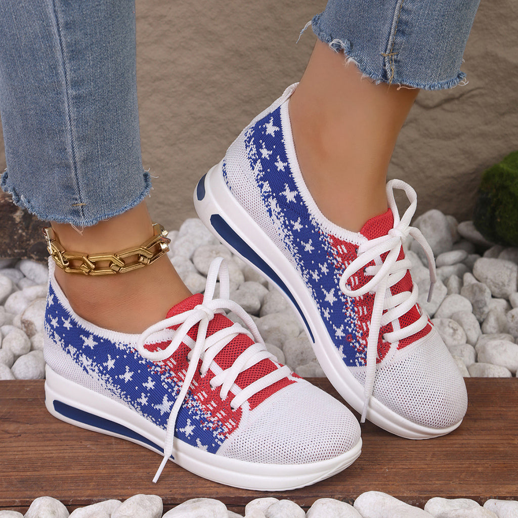 Fashion Lace-up Mesh Sneakers With Stars-printed Design Casual Thick Bottom Round Toe Flat Shoes For Women Non-slip Running Walking Sports Shoes