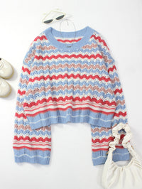 Striped Hollow-out Knitted Round Neck Loose Contrast Color Fashion Pullover Top Women's Clothing