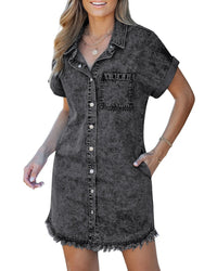 Womens Short-Sleeve Denim Shirt Dress Denim Button-Up Casual Style