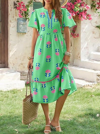 V-neck Loose-fitting Fashionable Floral-print Elegant Short-sleeve Dress