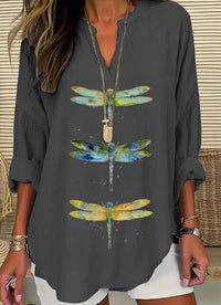 European And American Women's Clothing Small V Stand Collar Button Drop-shoulder Long-sleeve Women's T Curved Hem Clothes