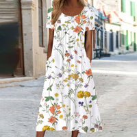 Spring And Summer Women's Elegant Large Swing Round Neck Printed Short Sleeve Dress