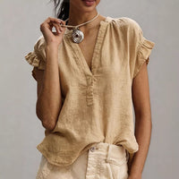 Women's Casual V-Neck Short-Sleeve Solid Color Cotton-Linen Top