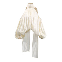French Style Temperament Bow Lace-up Off-shoulder Chiffon Shirt Women's New Sweet Halter Puff Sleeve Loose Top