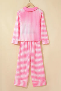 Stripe Buttoned Front Long Sleeve Top And Pants 2 Piece Sleepwear