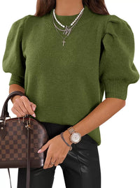 Half Turtleneck Lantern Sleeve Sweater Short Sleeve Pleated Sweater