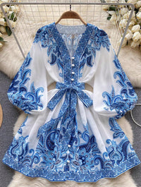 Summer Fashion Mid-Sleeve Lace-Up Floral Dress