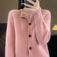 Womens Thickened Long-sleeve Knitted Cashmere Cardigan With A Crew Neck