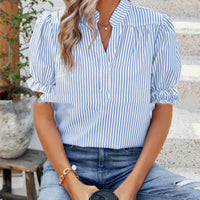 Pullover V-neck Ruffle Sleeve Top Women's Striped Chiffon Shirt