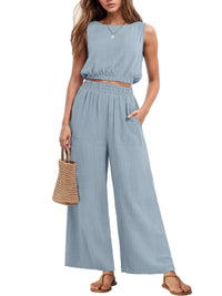 Womens Casual Round-Neck Sleeveless High-Waist Wide-Leg Two-Piece Set With Elastic Hem