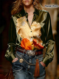 Simulated Silk Loose-Fit Oil Painting Print Summer Long-Sleeve Shirt