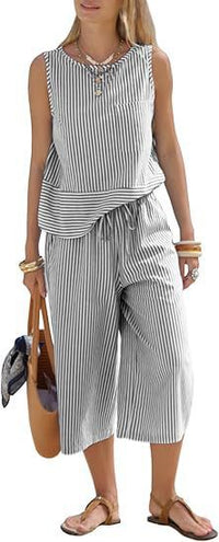 Womens Two-Piece Striped Sleeveless Top And Cropped Wide-Leg Pants Set