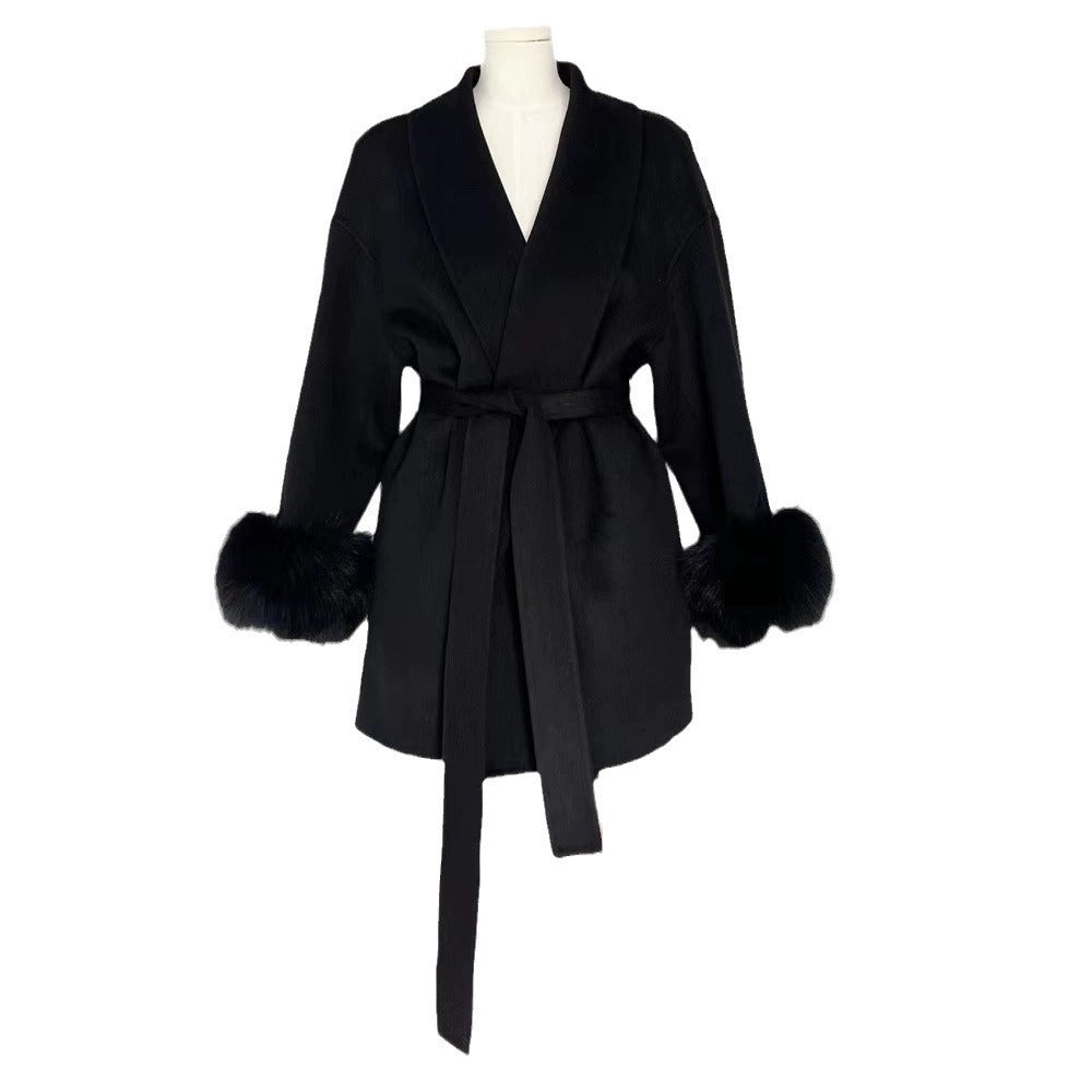 Cuff Detachable Fox Fur Elegant Double-sided Cashmere Coat