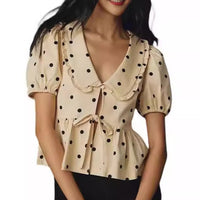 Summer Polka Dot Plaid Solid Color Short Sleeve Lace Up Peter Pan Collar Shirt