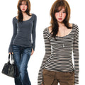 Womens Slim-Fit Long-Sleeve Striped T-Shirt In American Style