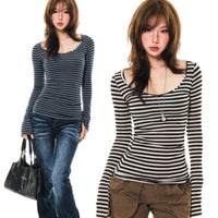 Womens Slim-Fit Long-Sleeve Striped T-Shirt In American Style