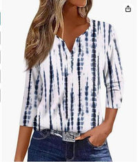 Women's T-shirt V-neck Half-open Tube Three-button Printed 34 Sleeves Top