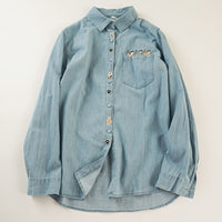 Embroidered Washed Denim Long-Sleeve Shirt Womens Single-Breasted Top