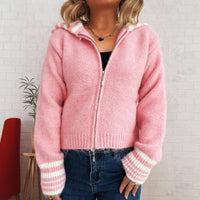 Simple Contrast Color Large Lapel Zipper Knitted Cardigan Loose Casual Sweater