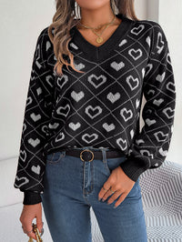Women Sweet Color Block Heart Lantern Sleeve Pullover Sweater