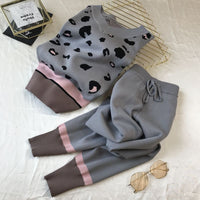Ins Western Style V-neck Leopard Print Loose Sweater Feet Trousers With An Elasticated Waist Suit