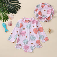 Girls Flower Print Sun Hat Sunscreen Swimsuit Suit