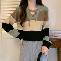 V-collar Contrast Color Short Long-sleeved Sweater Women's Striped Binding Rope Slimming Slim Fit Petite Top