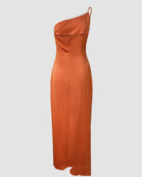 European And American-style Solid-color One-shoulder Pleated Slit Dress