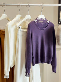 Lace-Panel Fake Two-Piece V-Neck Knitted Sweater