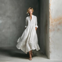 New Style Western-style Casual Cotton-Linen Resort Half-Open Collar Dress