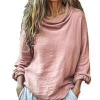 Spring Women's Casual Loose Fashion Long Sleeved Solid Color Pile Collar Pullover Pleated Top