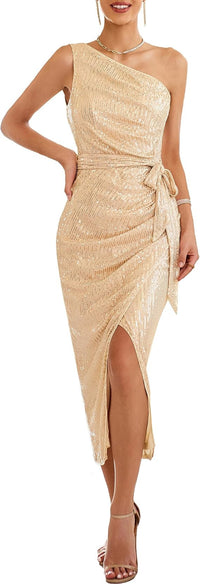 Womens Sleeveless One-shoulder Sequin Dress