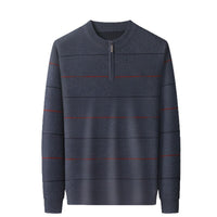 Zippered Mock-neck Knit Sweater With Striped Long Sleeves