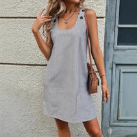 Striped Summer Crew-Neck Buttoned Suspender Pocket Casual Dress