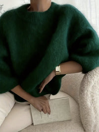 Womens Casual Solid-color Loose-fitting Cozy Plush Long-sleeve Sweater