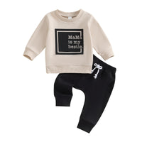 Letter-print Long-sleeve Top And Solid-color Pants Two-piece Set
