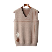 Men's Striped Pullover V-neck Knitted Sleeveless Pure Wool Top