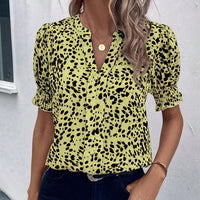 Women's Casual V-Neck Printed Pleated Short-Sleeve Chiffon Blouse