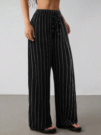 Women's Casual Striped Drawstring Elastic Waist Contrasting Color Wide Leg Pants