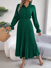 Women's Casual Lapel Button Long Sleeve Tie Waist Pleated Maxi Dress