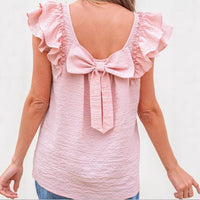 Womens Solid-Color Crew-Neck Sweet Top With Bow-Knot Design