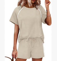 Womens Round-Neck Short-Sleeve Casual Shorts Two-Piece Set