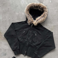 Black Zipper Divided Print Fleece Hooded Sweatshirt