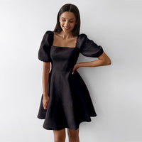 Womens New Elegant Square-Neck Short-Sleeve High-Waist Dress